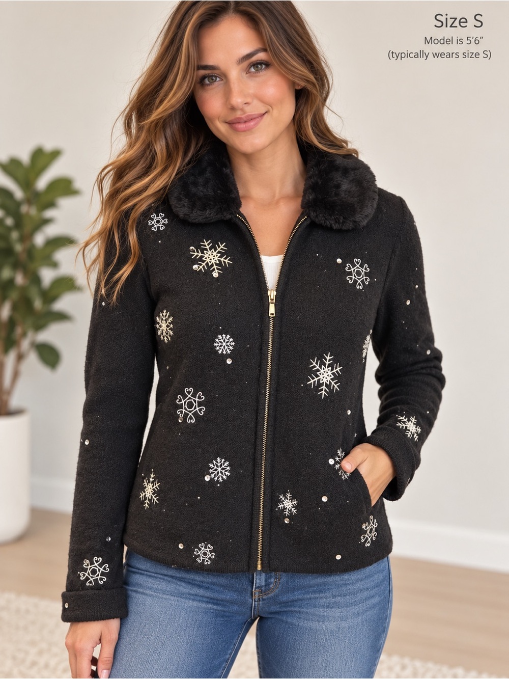 Karen Scott Petites PS Black 100% Wool Snowflake Sequin Faux Fur Collar Jacket
